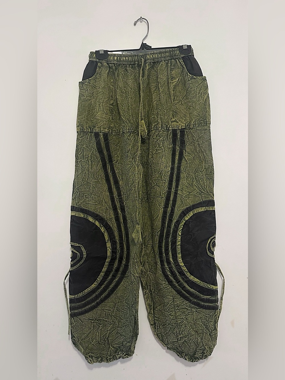 Olive Green Boho Jogger Pants with Black Patch Detail